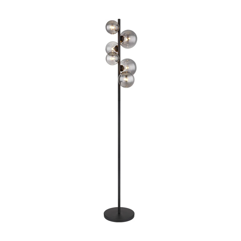 Glass Smoke Metal Black Matte Floor Lamp Wtith 6 Heads