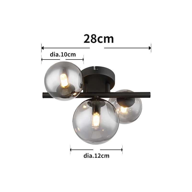 Glass Smoke Metal Black Matte Ceiling Lamp Wtith 3 Heads