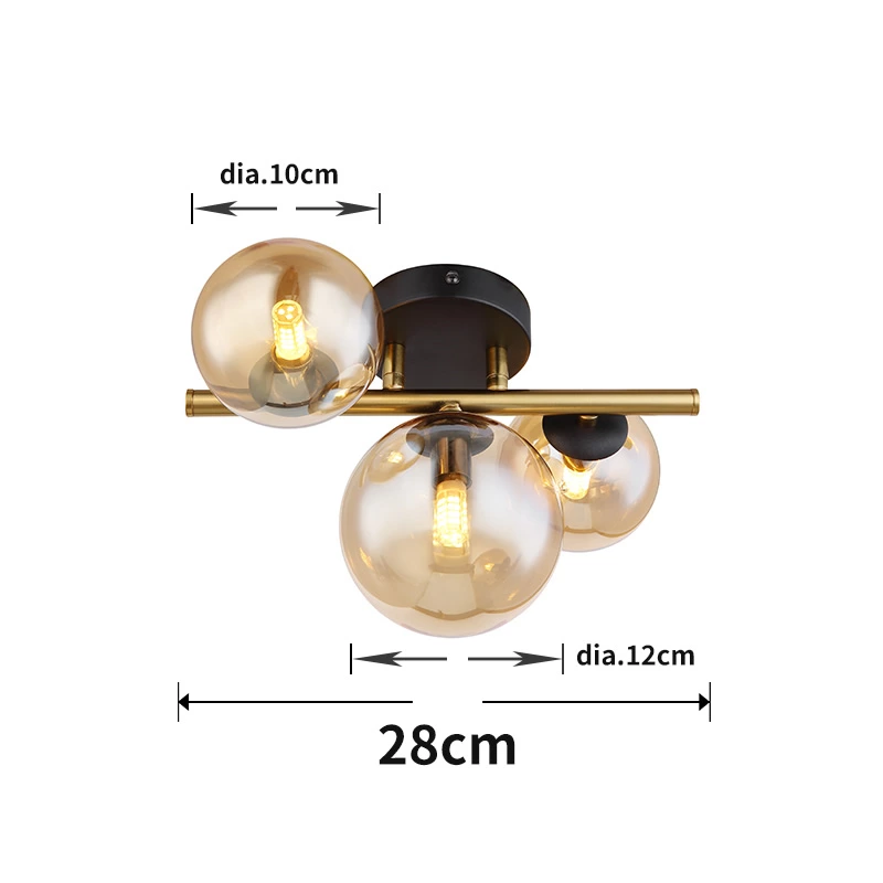 Glass Amber Metal Brass Matte Ceiling Lamp Wtith 3 Heads