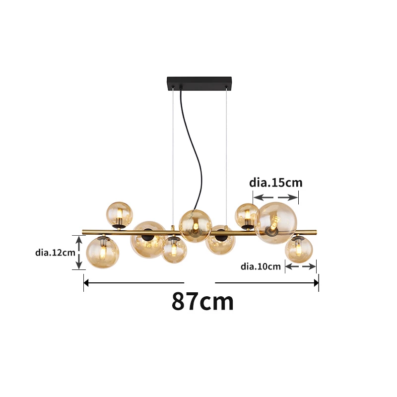 Glass Amber Metal Brass Matte 120CM Height Pendent Lamp Wtith 9 Heads